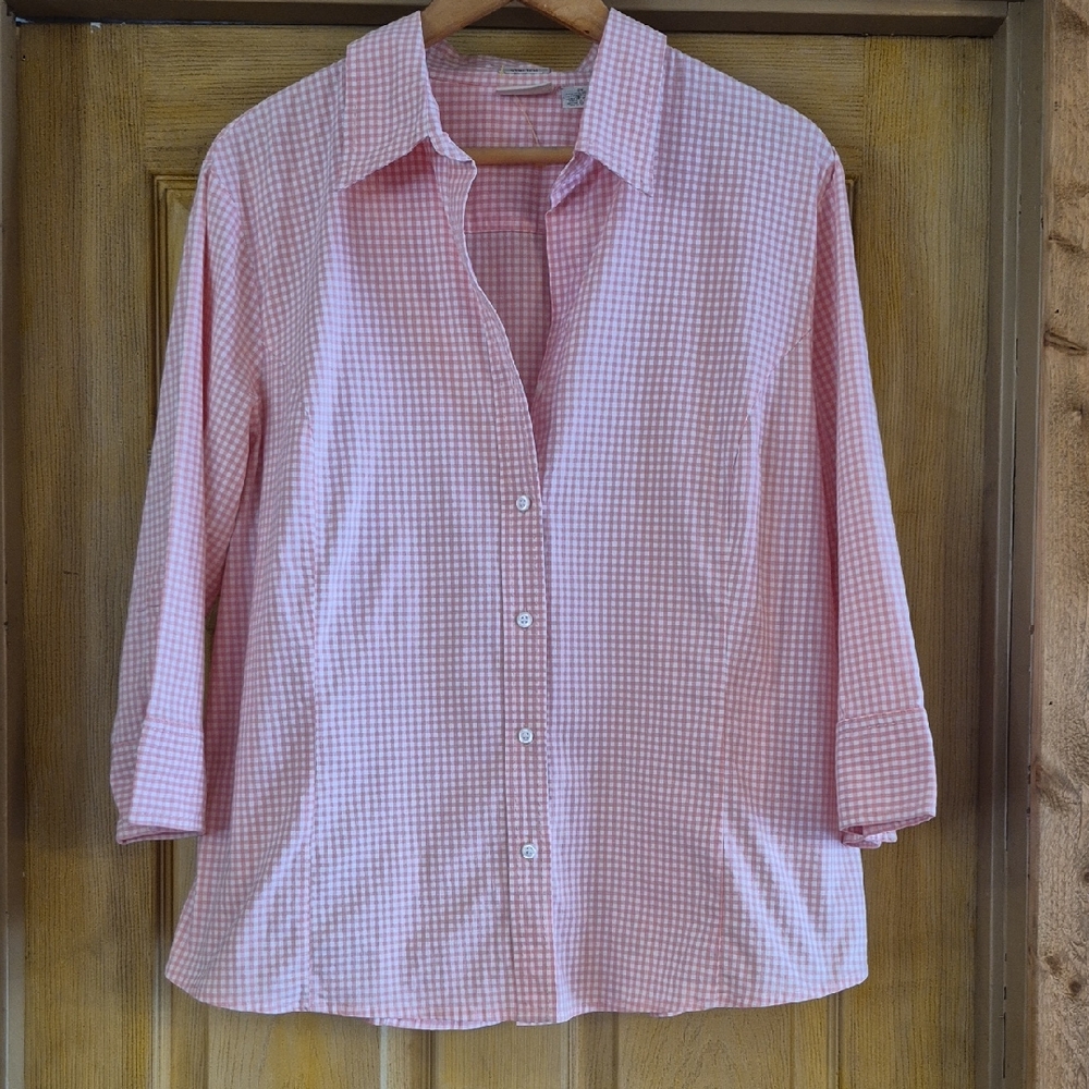St. Johns Bay Woman Stretch Style Button Up 3/4 Sleeve Blouse Checkered Size 2X